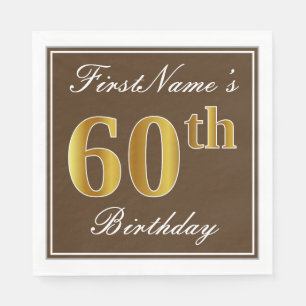 Elegant Brown, Faux Gold 60th Birthday + Name Napkin