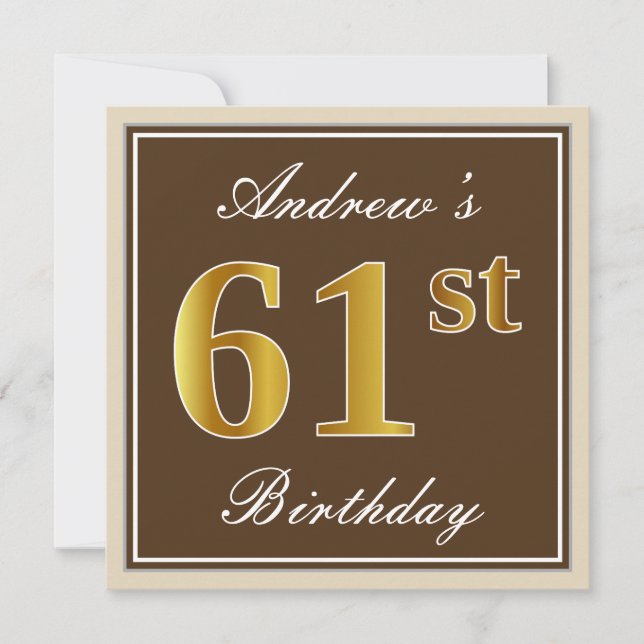 Elegant, Brown, Faux Gold 61st Birthday + Name Invitation (Front)