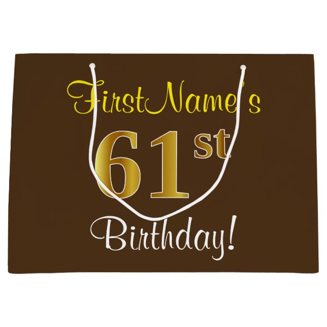 Elegant, Brown, Faux Gold 61st Birthday + Name Large Gift Bag (Front)