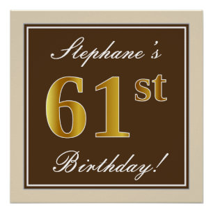Elegant, Brown, Faux Gold 61st Birthday + Name Poster