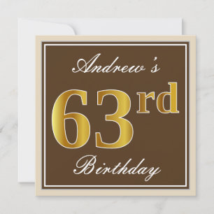 Elegant, Brown, Faux Gold 63rd Birthday + Name Invitation