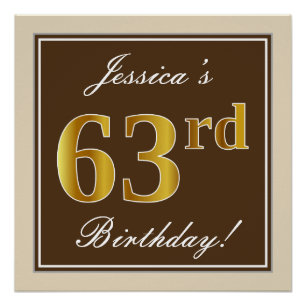 Elegant, Brown, Faux Gold 63rd Birthday + Name Poster