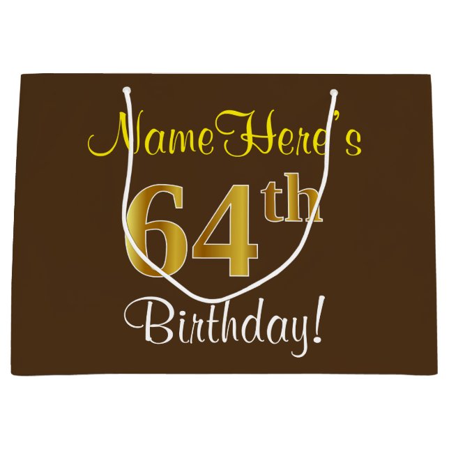 Elegant, Brown, Faux Gold 64th Birthday + Name Large Gift Bag (Front)