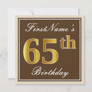 Elegant, Brown, Faux Gold 65th Birthday + Name Invitation