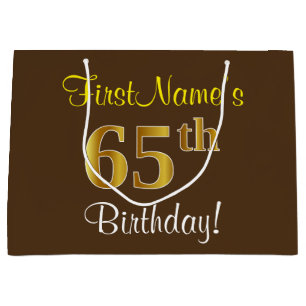 Elegant, Brown, Faux Gold 65th Birthday + Name Large Gift Bag