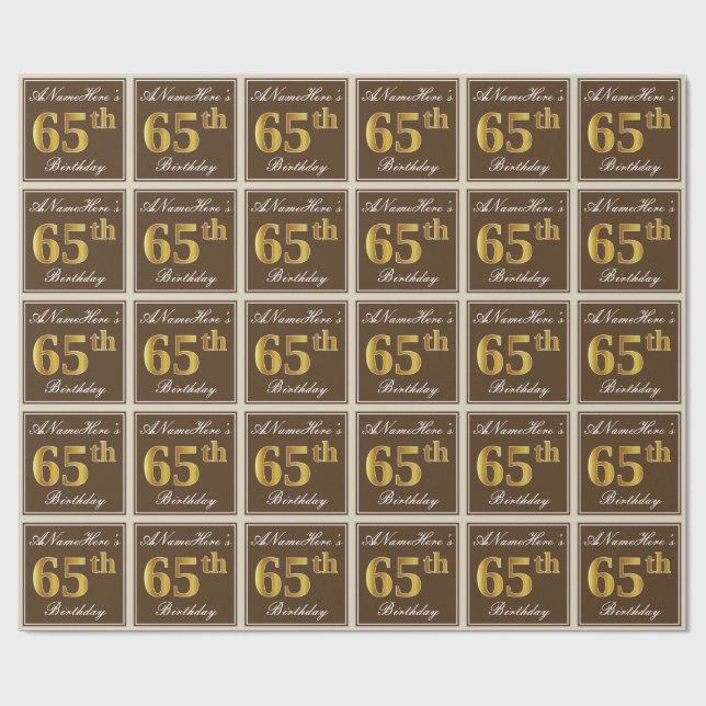 Elegant, Brown, Faux Gold 65th Birthday + Name Wrapping Paper (Flat)