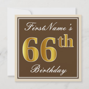 Elegant, Brown, Faux Gold 66th Birthday + Name Invitation