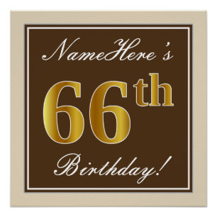 Elegant, Brown, Faux Gold 66th Birthday + Name Poster