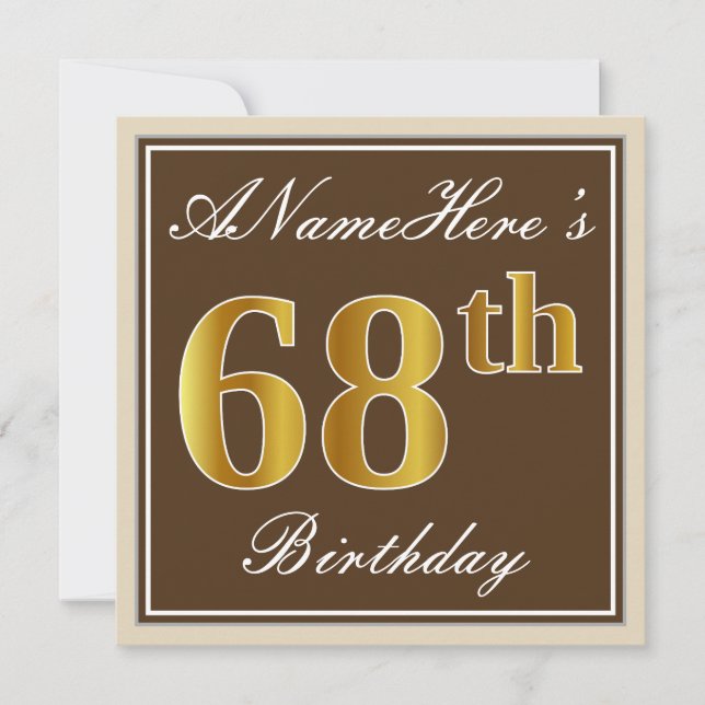 Elegant, Brown, Faux Gold 68th Birthday + Name Invitation (Front)
