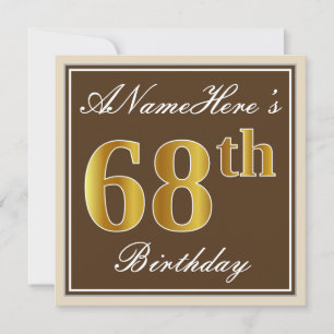 Elegant, Brown, Faux Gold 68th Birthday + Name Invitation