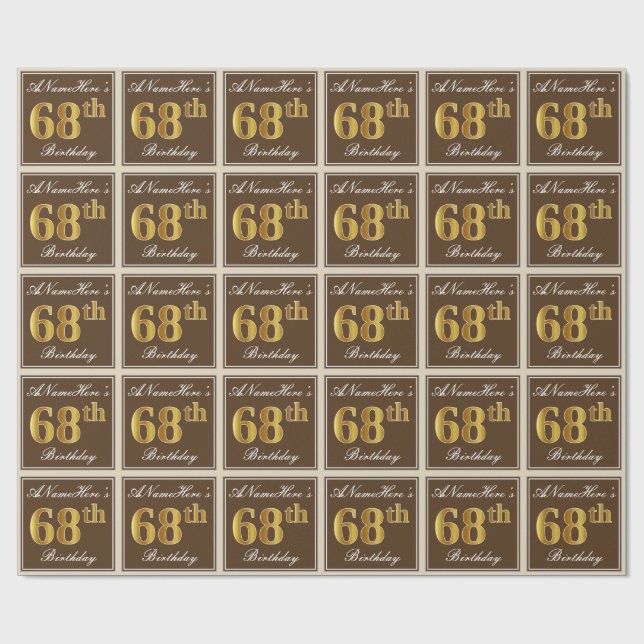 Elegant, Brown, Faux Gold 68th Birthday + Name Wrapping Paper (Flat)