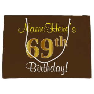 Elegant, Brown, Faux Gold 69th Birthday + Name Large Gift Bag
