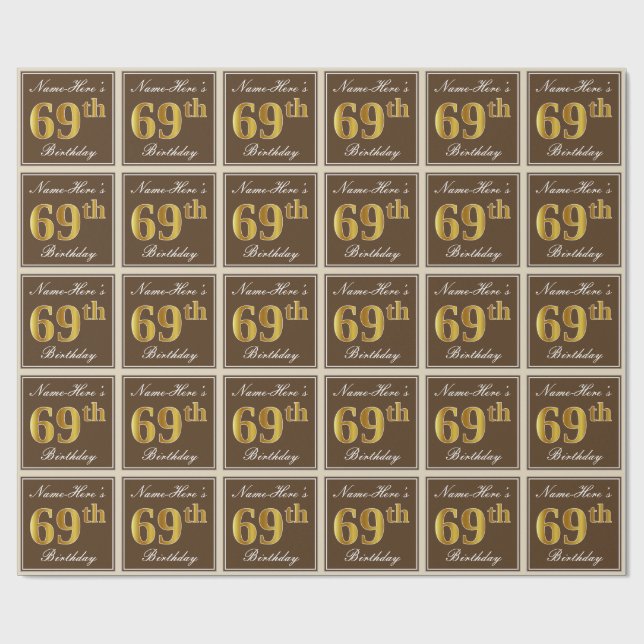Elegant, Brown, Faux Gold 69th Birthday + Name Wrapping Paper (Flat)
