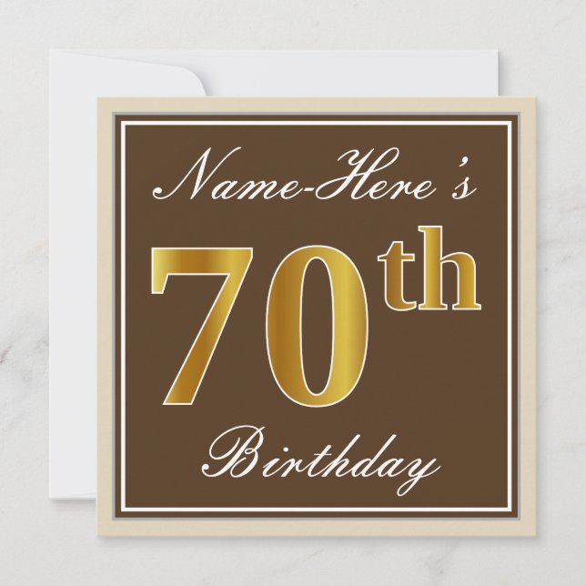 Elegant, Brown, Faux Gold 70th Birthday + Name Invitation (Front)