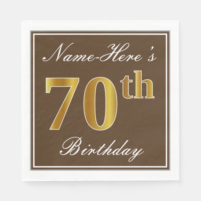 Elegant Brown, Faux Gold 70th Birthday + Name Napkin (Front)