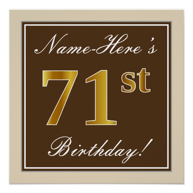Elegant, Brown, Faux Gold 71st Birthday + Name Poster (Front)