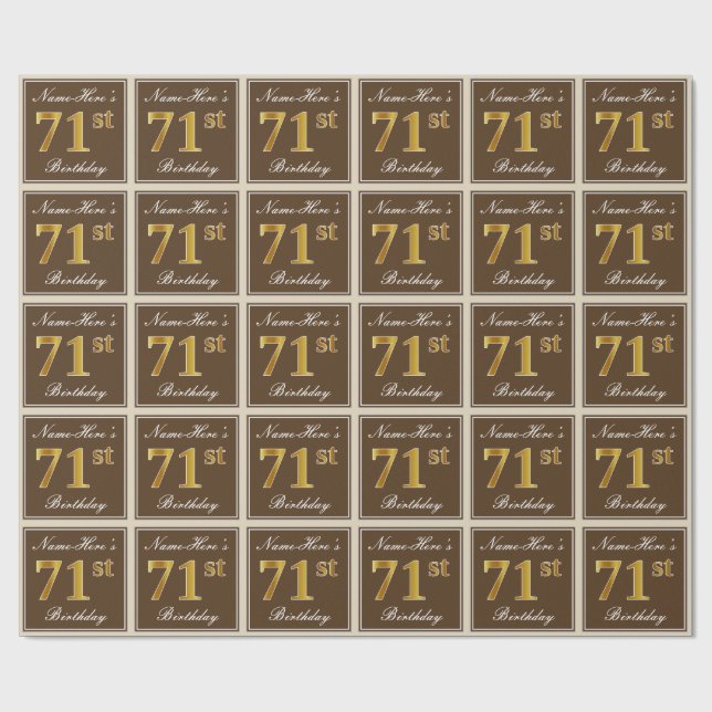 Elegant, Brown, Faux Gold 71st Birthday + Name Wrapping Paper (Flat)