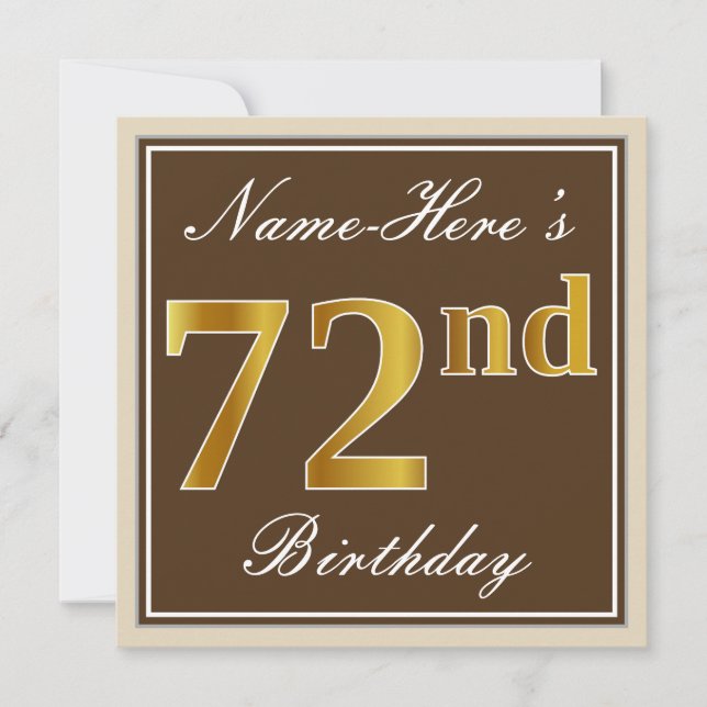 Elegant, Brown, Faux Gold 72nd Birthday + Name Invitation (Front)