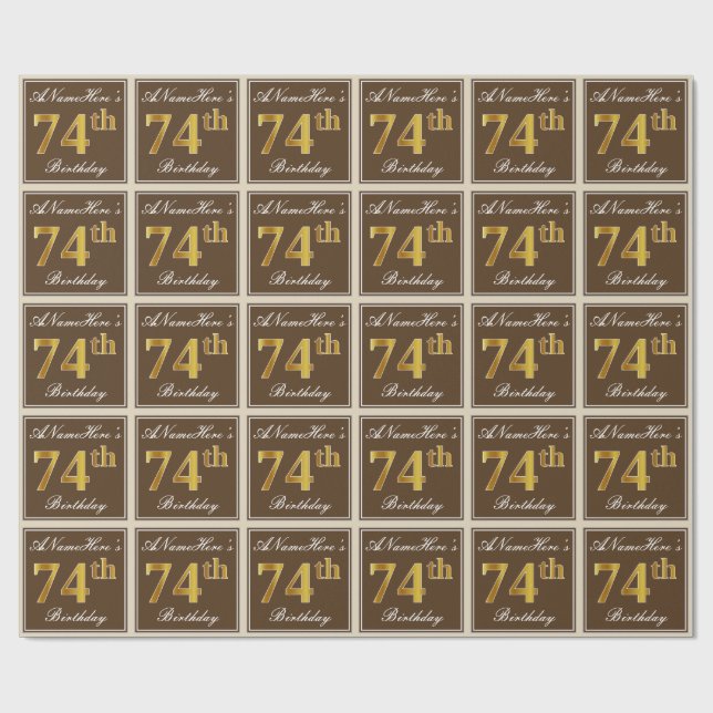 Elegant, Brown, Faux Gold 74th Birthday + Name Wrapping Paper (Flat)