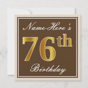 Elegant, Brown, Faux Gold 76th Birthday + Name Invitation