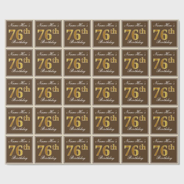 Elegant, Brown, Faux Gold 76th Birthday + Name Wrapping Paper (Flat)