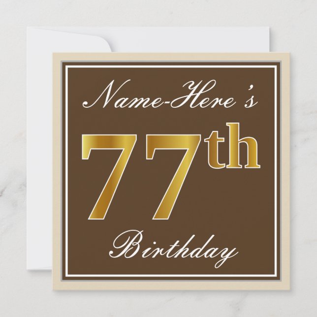 Elegant, Brown, Faux Gold 77th Birthday + Name Invitation (Front)