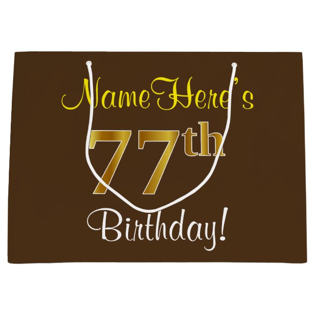 Elegant, Brown, Faux Gold 77th Birthday + Name Large Gift Bag (Front)