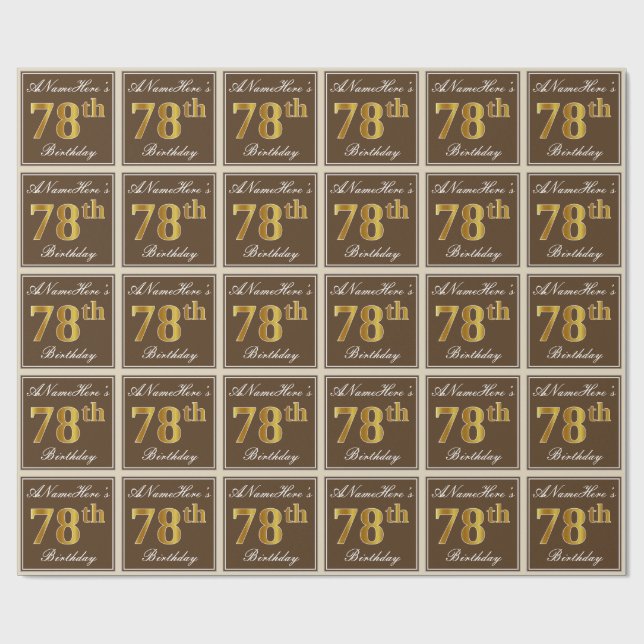 Elegant, Brown, Faux Gold 78th Birthday + Name Wrapping Paper (Flat)