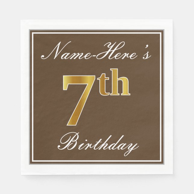 Elegant Brown, Faux Gold 7th Birthday; Custom Name Napkin (Front)