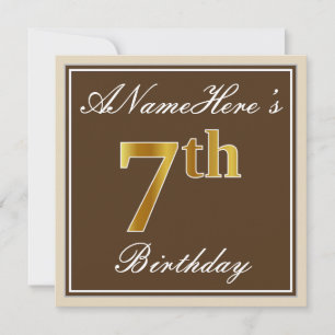 Elegant, Brown, Faux Gold 7th Birthday + Name Invitation