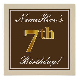 Elegant, Brown, Faux Gold 7th Birthday + Name Poster