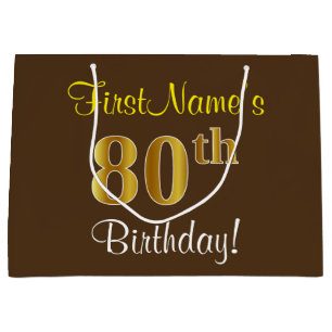 Elegant, Brown, Faux Gold 80th Birthday + Name Large Gift Bag