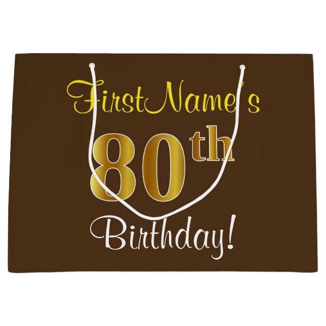Elegant, Brown, Faux Gold 80th Birthday + Name Large Gift Bag (Front)