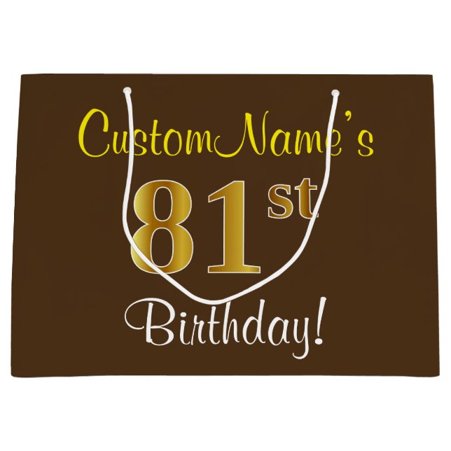 Elegant, Brown, Faux Gold 81st Birthday + Name Large Gift Bag (Front)
