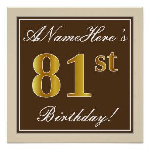 Elegant, Brown, Faux Gold 81st Birthday + Name Poster