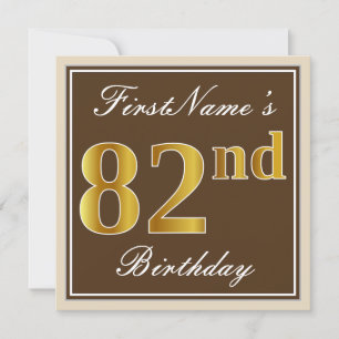 Elegant, Brown, Faux Gold 82nd Birthday + Name Invitation