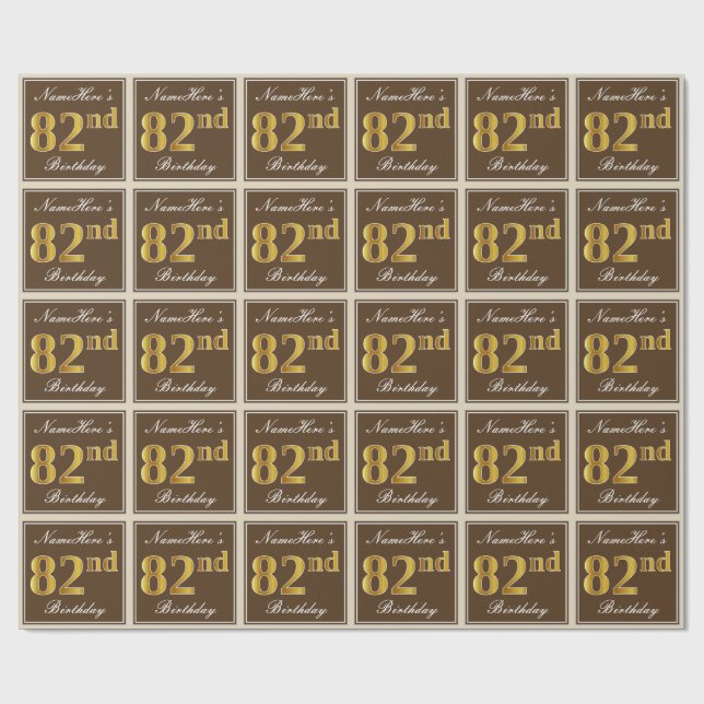Elegant, Brown, Faux Gold 82nd Birthday + Name Wrapping Paper (Flat)