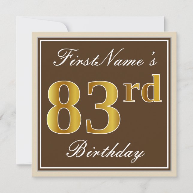 Elegant, Brown, Faux Gold 83rd Birthday + Name Invitation (Front)