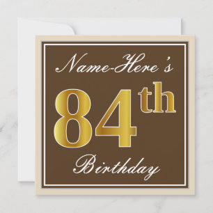 Elegant, Brown, Faux Gold 84th Birthday + Name Invitation