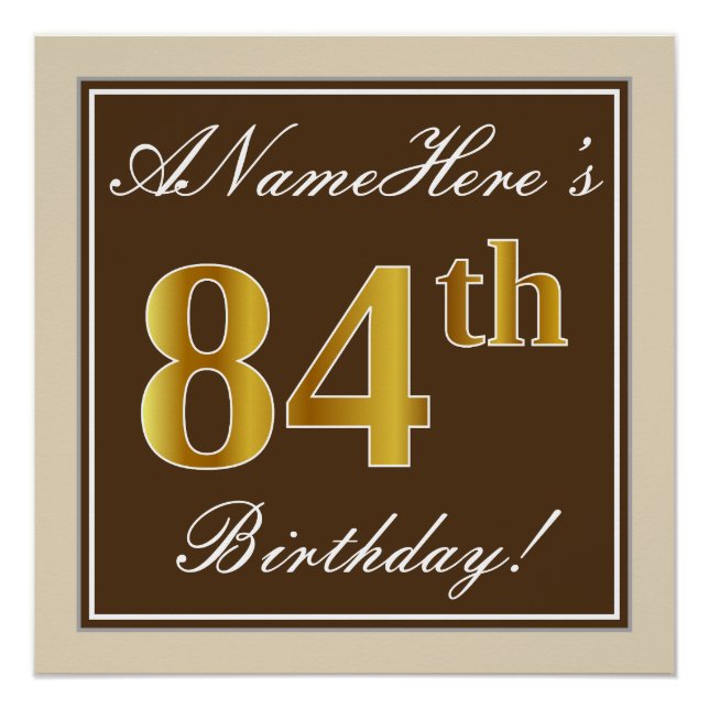 Elegant, Brown, Faux Gold 84th Birthday + Name Poster (Front)
