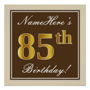 Elegant, Brown, Faux Gold 85th Birthday + Name Poster