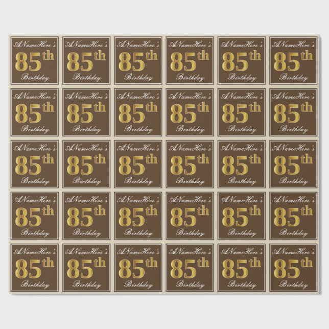 Elegant, Brown, Faux Gold 85th Birthday + Name Wrapping Paper (Flat)