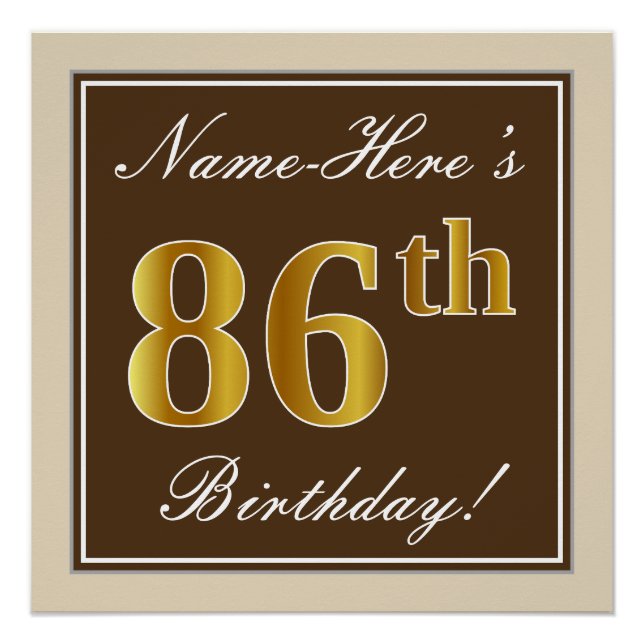 Elegant, Brown, Faux Gold 86th Birthday + Name Poster (Front)
