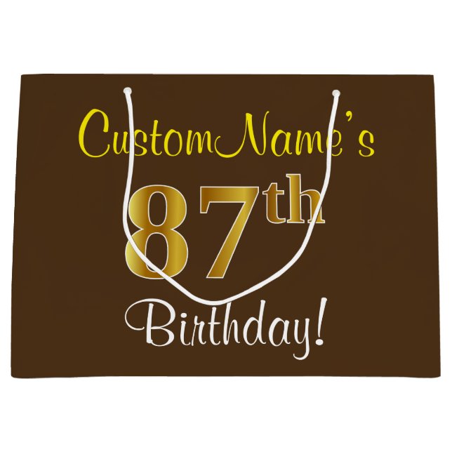 Elegant, Brown, Faux Gold 87th Birthday + Name Large Gift Bag (Front)