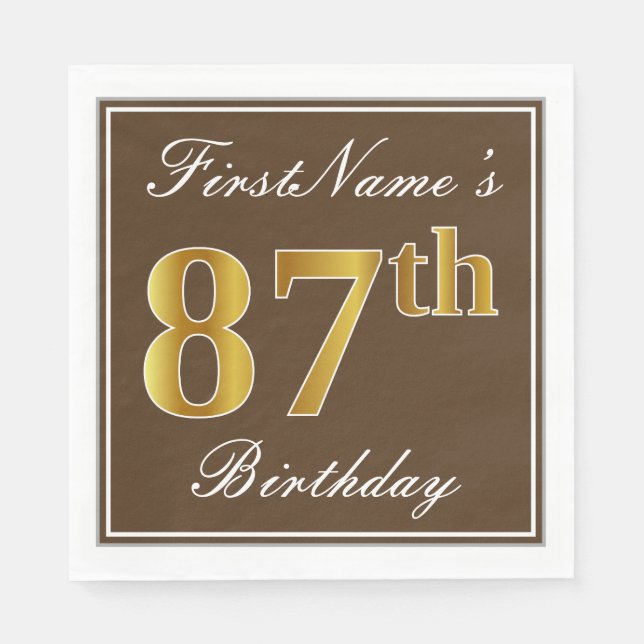 Elegant Brown, Faux Gold 87th Birthday + Name Napkin (Front)