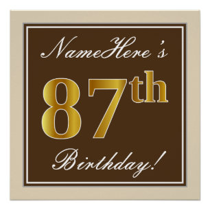 Elegant, Brown, Faux Gold 87th Birthday + Name Poster