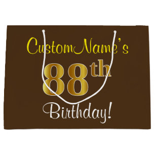 Elegant, Brown, Faux Gold 88th Birthday + Name Large Gift Bag