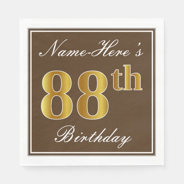 Elegant Brown, Faux Gold 88th Birthday + Name Napkin (Front)