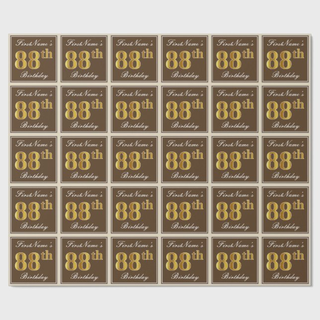 Elegant, Brown, Faux Gold 88th Birthday + Name Wrapping Paper (Flat)