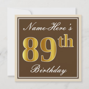 Elegant, Brown, Faux Gold 89th Birthday + Name Invitation